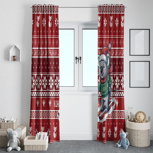 Australia Christmas In July Window Curtain Koala Santa Skiing Red Color