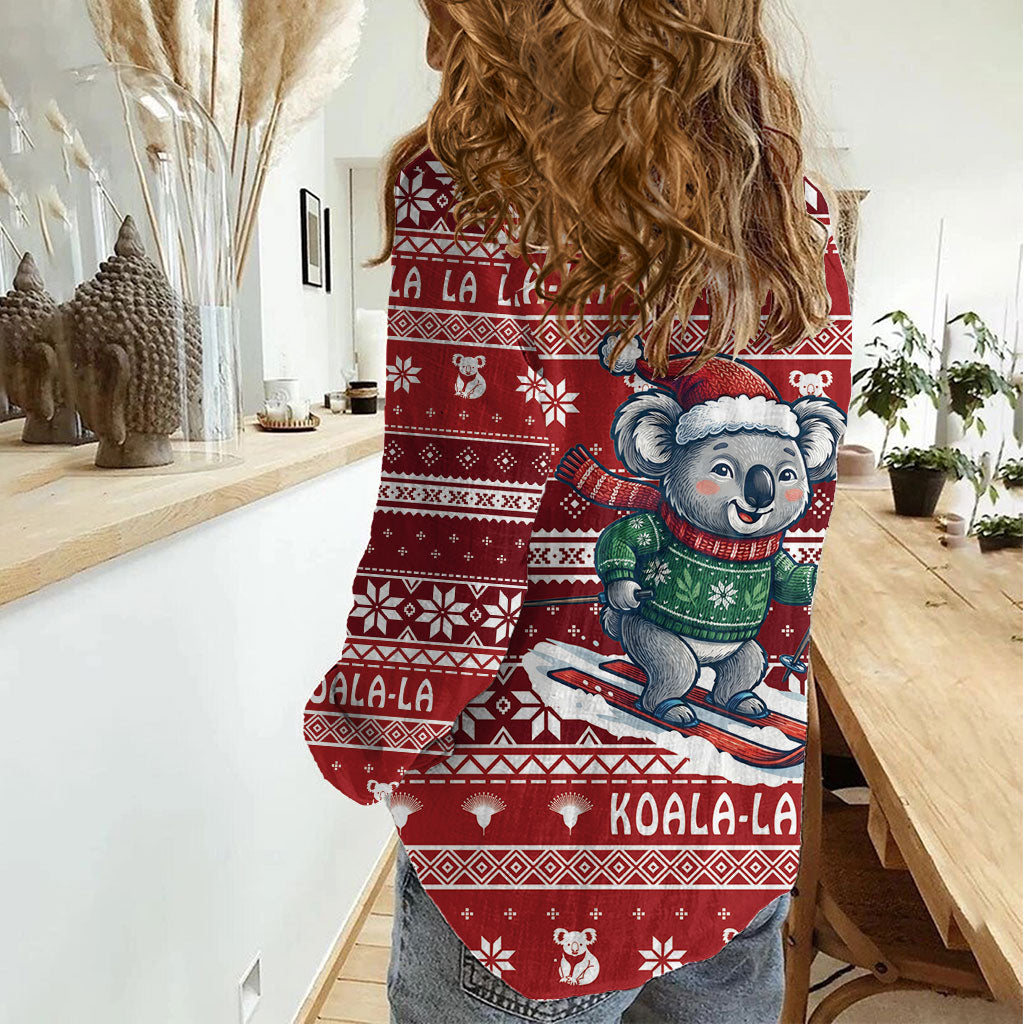 Australia Christmas In July Women Casual Shirt Koala Santa Skiing Red Color