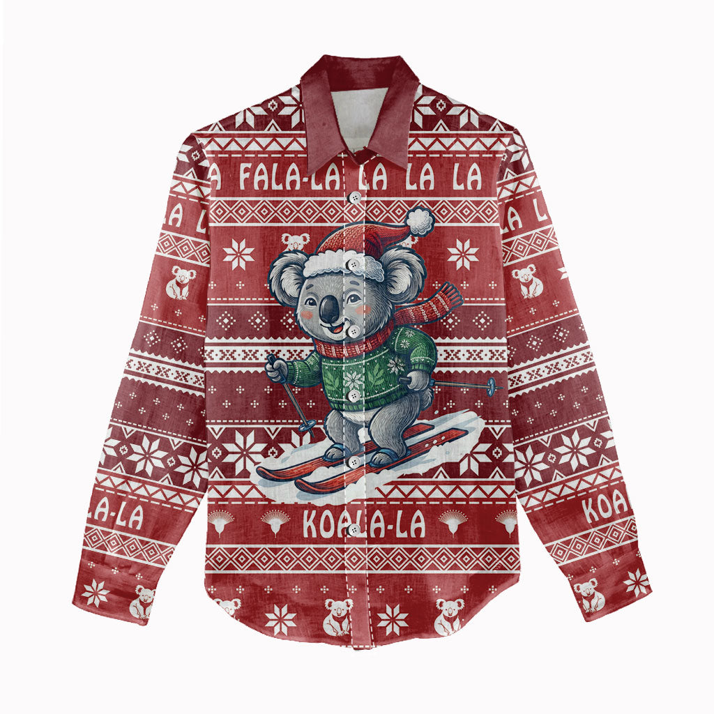 Australia Christmas In July Women Casual Shirt Koala Santa Skiing Red Color