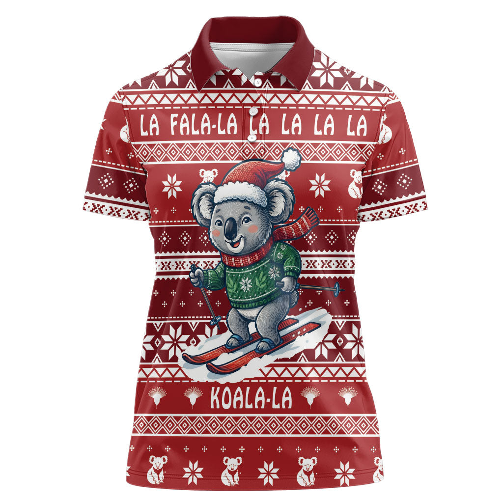 Australia Christmas In July Women Polo Shirt Koala Santa Skiing Red Color