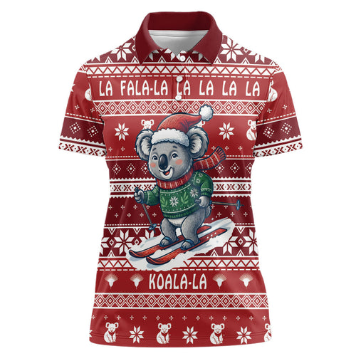 Australia Christmas In July Women Polo Shirt Koala Santa Skiing Red Color