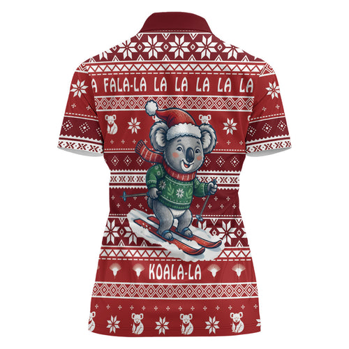Australia Christmas In July Women Polo Shirt Koala Santa Skiing Red Color