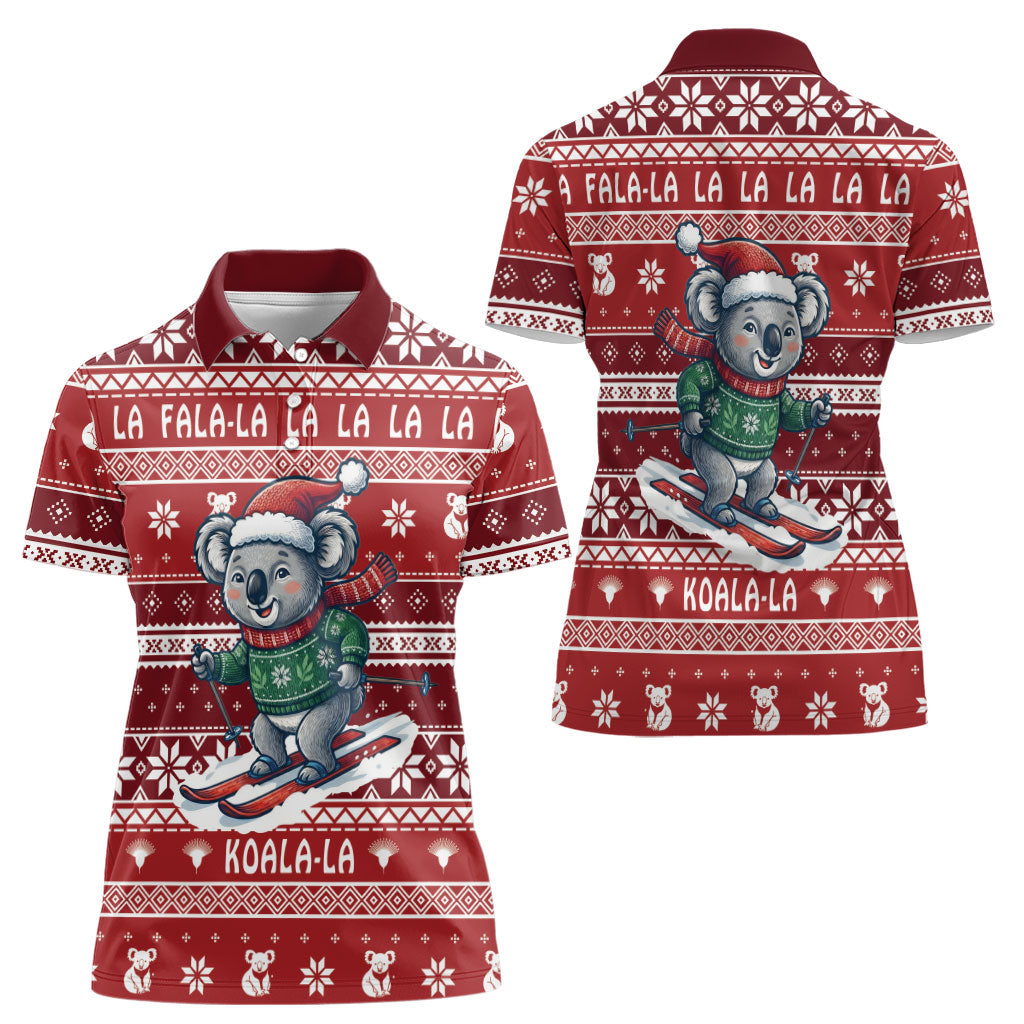 Australia Christmas In July Women Polo Shirt Koala Santa Skiing Red Color