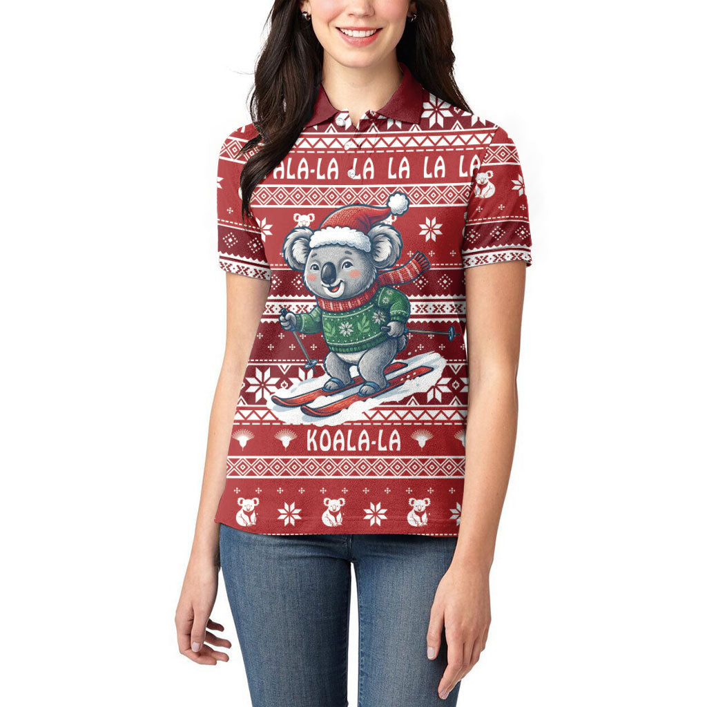 Australia Christmas In July Women Polo Shirt Koala Santa Skiing Red Color