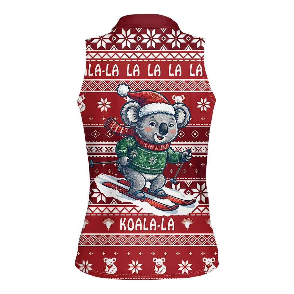 Australia Christmas In July Women Sleeveless Polo Shirt Koala Santa Skiing Red Color