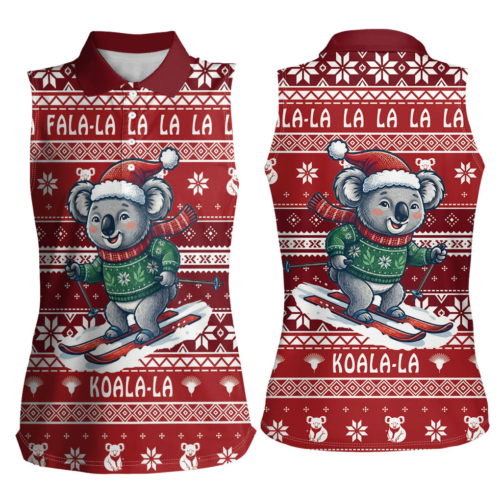 Australia Christmas In July Women Sleeveless Polo Shirt Koala Santa Skiing Red Color
