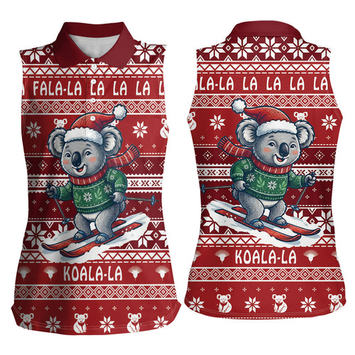 Australia Christmas In July Women Sleeveless Polo Shirt Koala Santa Skiing Red Color