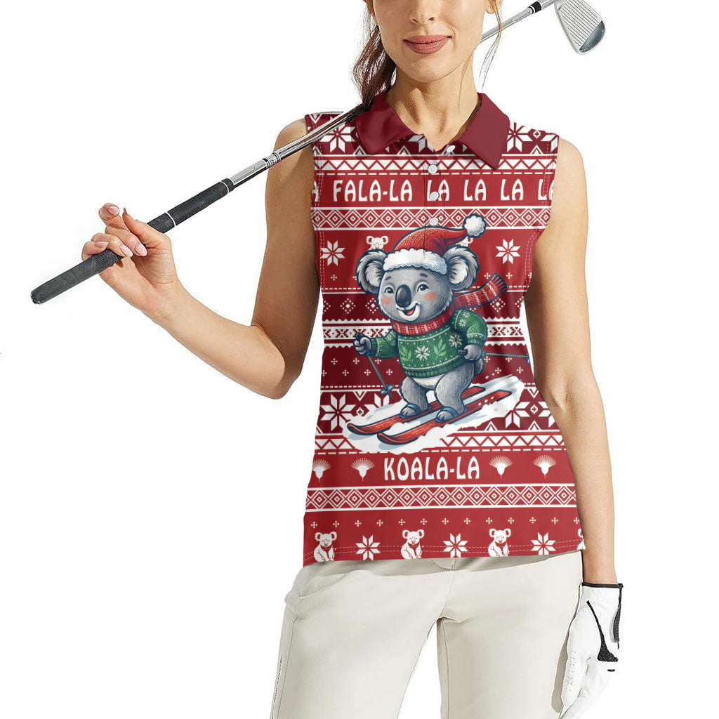 Australia Christmas In July Women Sleeveless Polo Shirt Koala Santa Skiing Red Color
