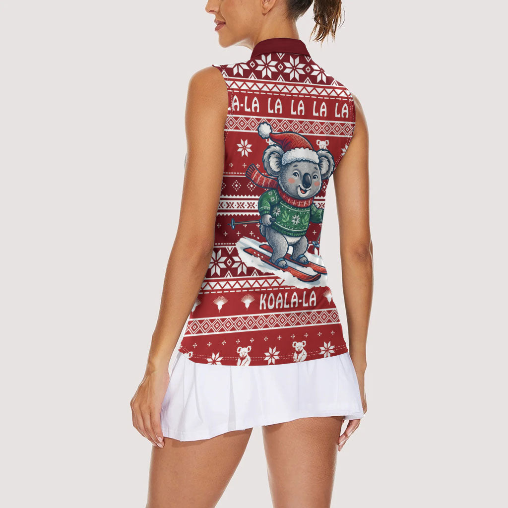 Australia Christmas In July Women Sleeveless Polo Shirt Koala Santa Skiing Red Color