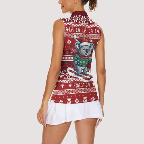 Australia Christmas In July Women Sleeveless Polo Shirt Koala Santa Skiing Red Color