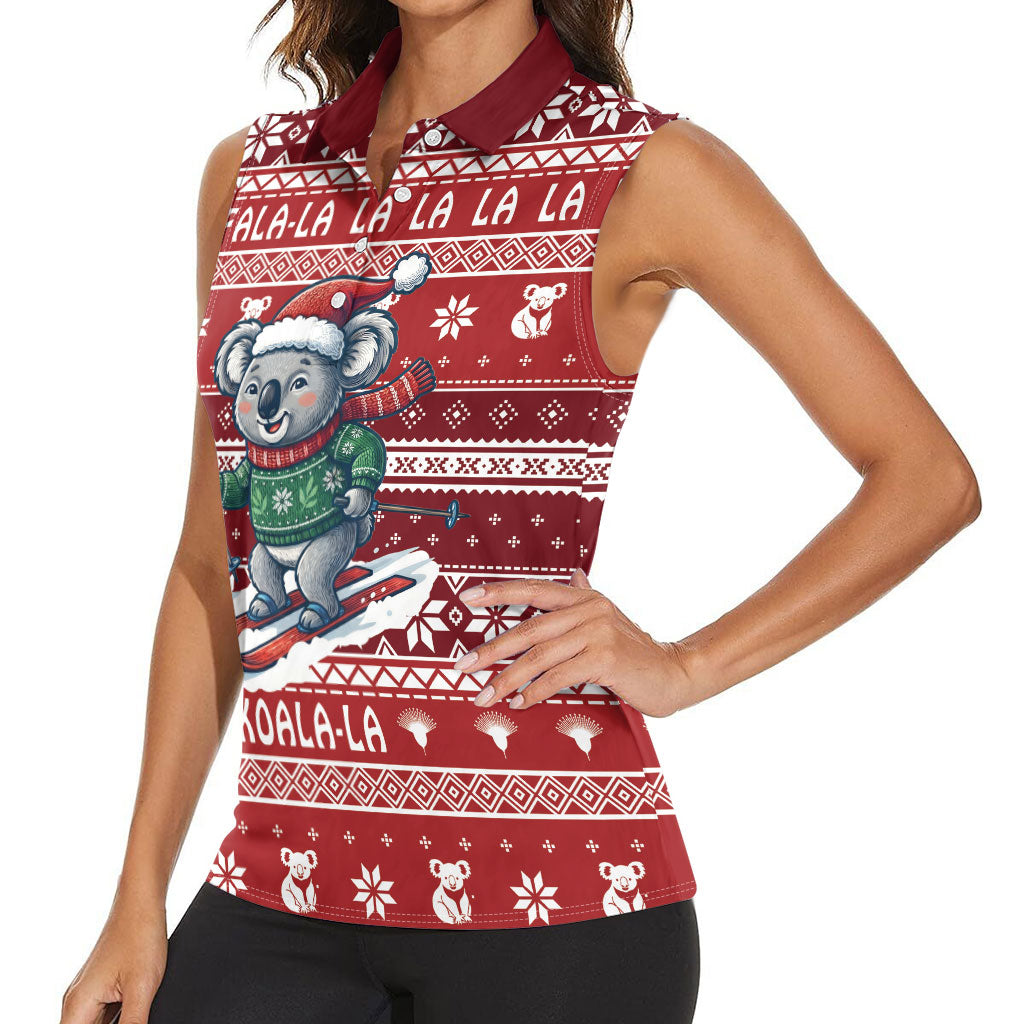 Australia Christmas In July Women Sleeveless Polo Shirt Koala Santa Skiing Red Color