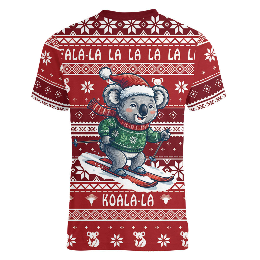 Australia Christmas In July Women V-Neck T-Shirt Koala Santa Skiing Red Color