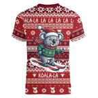 Australia Christmas In July Women V-Neck T-Shirt Koala Santa Skiing Red Color