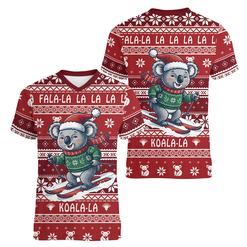 Australia Christmas In July Women V-Neck T-Shirt Koala Santa Skiing Red Color