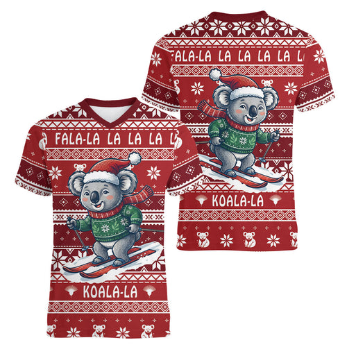 Australia Christmas In July Women V-Neck T-Shirt Koala Santa Skiing Red Color