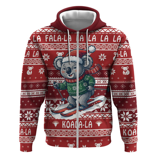 Australia Christmas In July Zip Hoodie Koala Santa Skiing Red Color