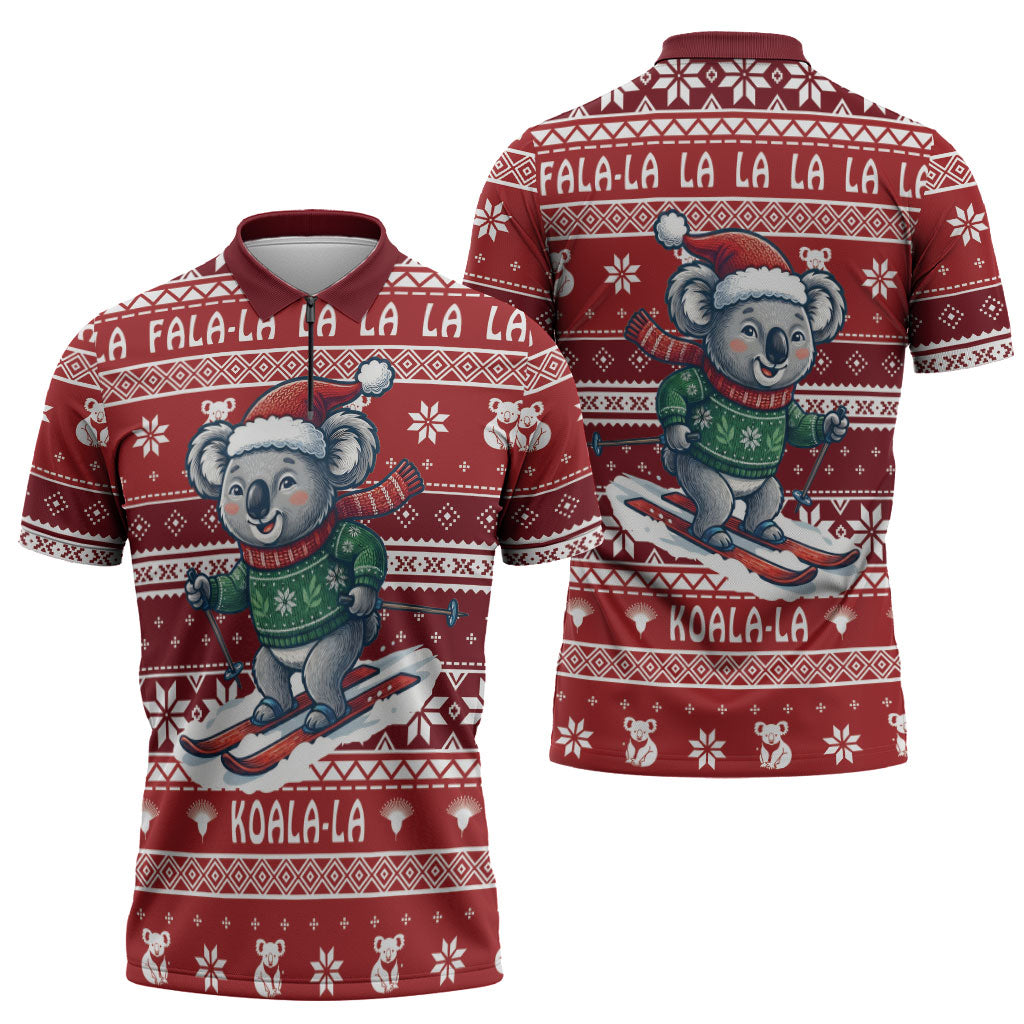 Australia Christmas In July Zipper Polo Shirt Koala Santa Skiing Red Color