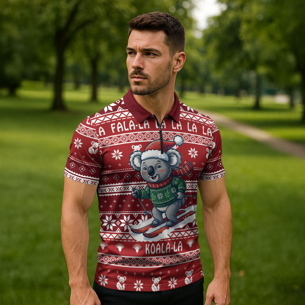 Australia Christmas In July Zipper Polo Shirt Koala Santa Skiing Red Color