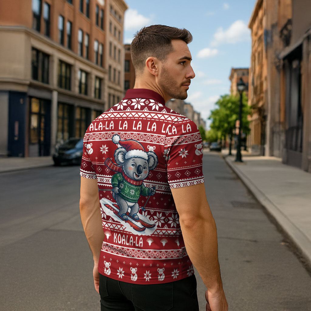 Australia Christmas In July Zipper Polo Shirt Koala Santa Skiing Red Color