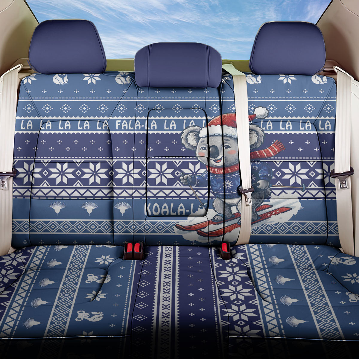 Australia Christmas In July Back Car Seat Cover Koala Santa Skiing Blue Color