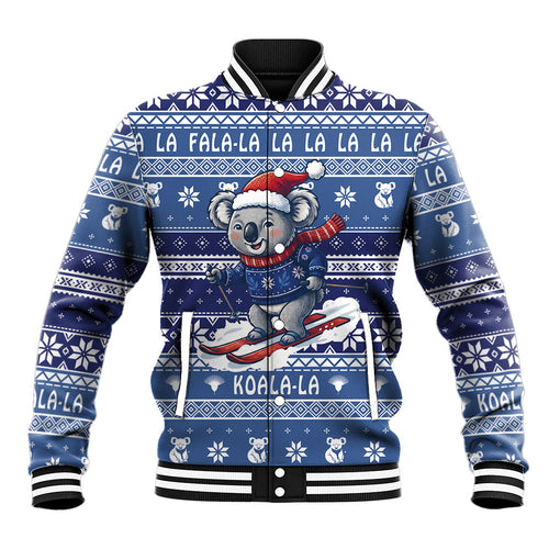 Australia Christmas In July Baseball Jacket Koala Santa Skiing Blue Color