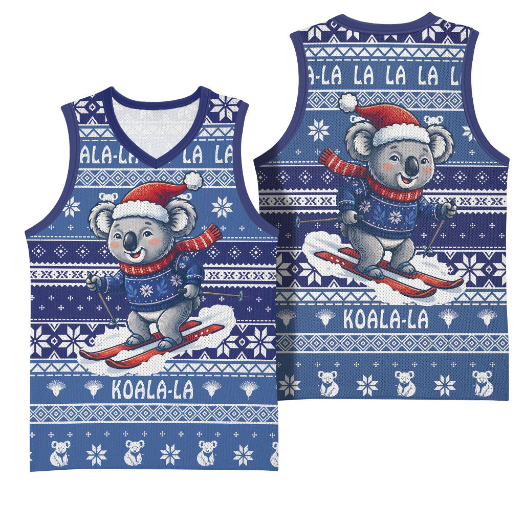 Australia Christmas In July Basketball Jersey Koala Santa Skiing Blue Color