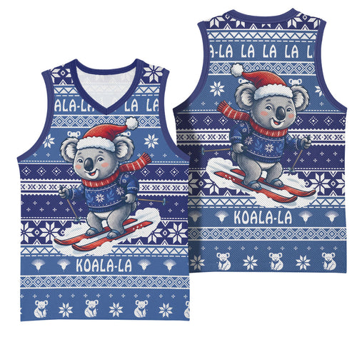 Australia Christmas In July Basketball Jersey Koala Santa Skiing Blue Color