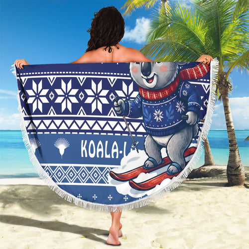 Australia Christmas In July Beach Blanket Koala Santa Skiing Blue Color