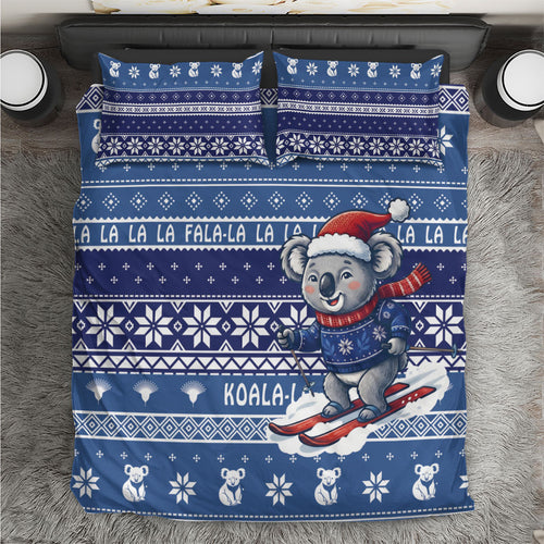 Australia Christmas In July Bedding Set Koala Santa Skiing Blue Color