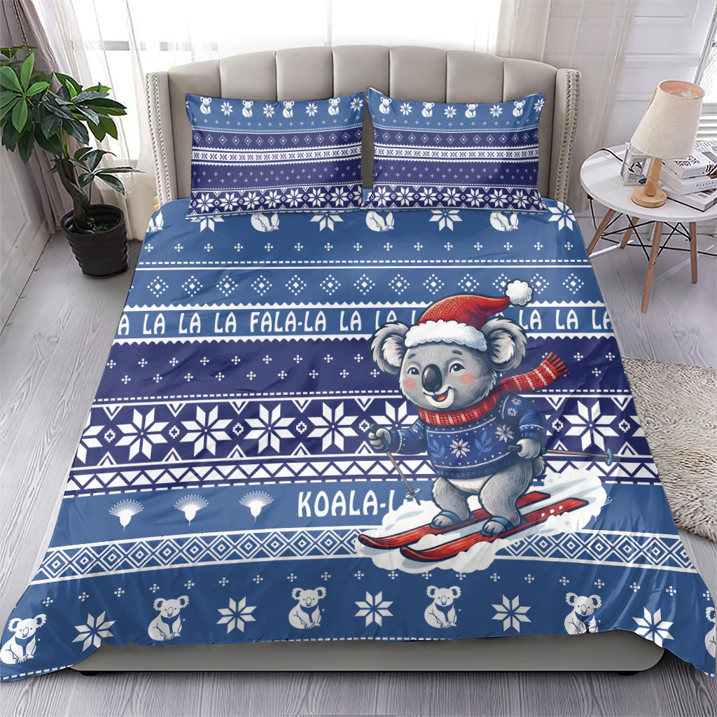 Australia Christmas In July Bedding Set Koala Santa Skiing Blue Color