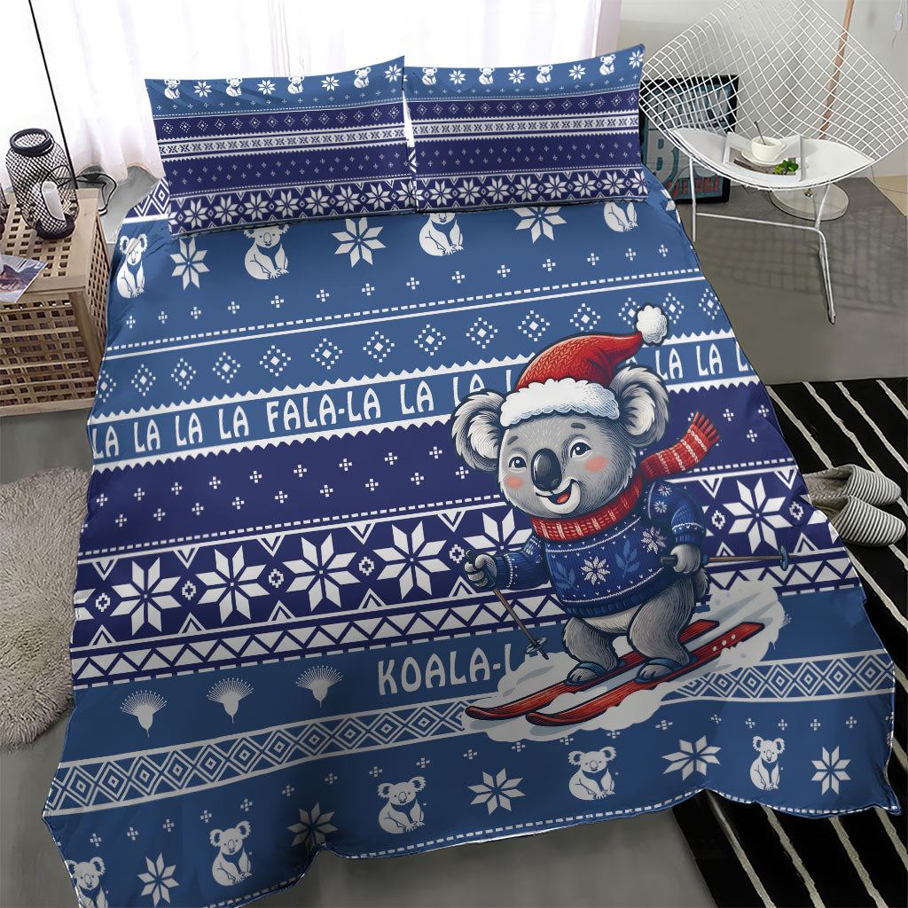 Australia Christmas In July Bedding Set Koala Santa Skiing Blue Color