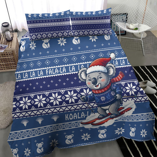 Australia Christmas In July Bedding Set Koala Santa Skiing Blue Color