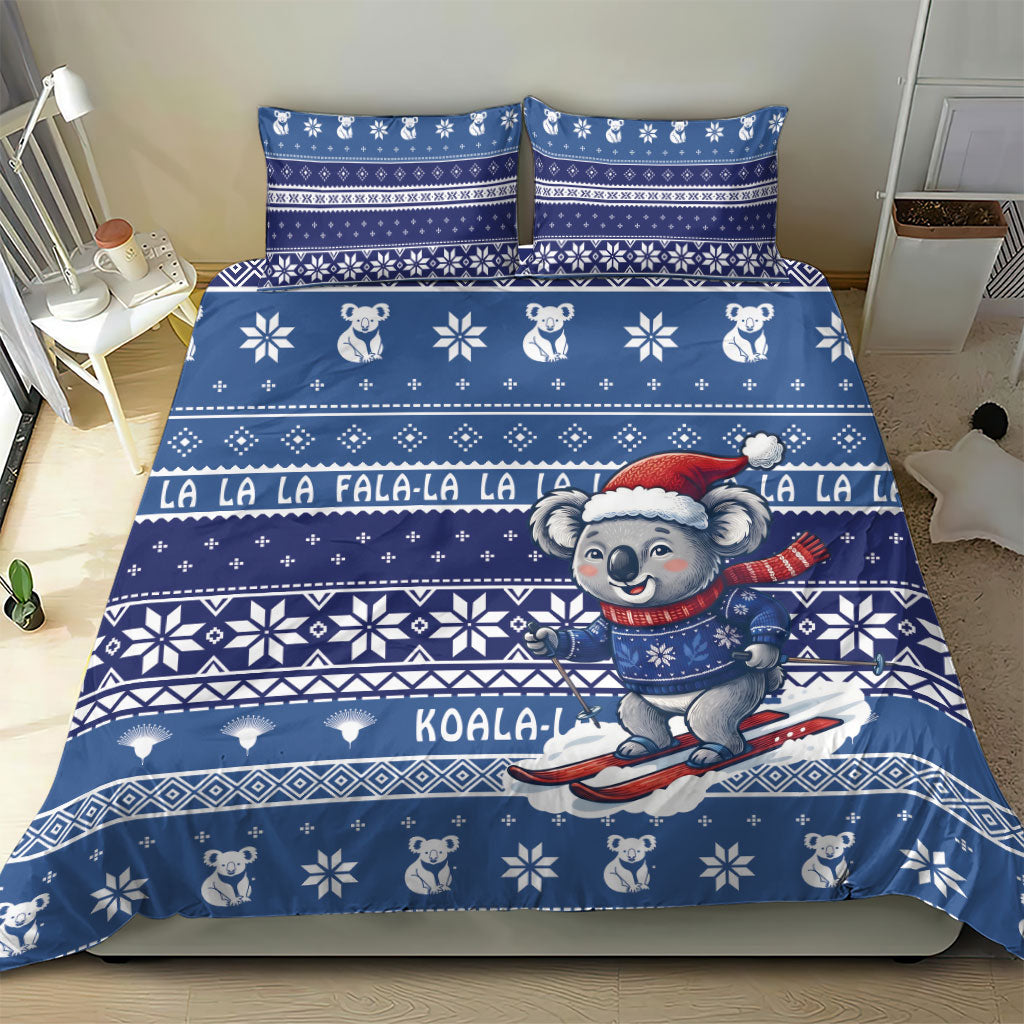 Australia Christmas In July Bedding Set Koala Santa Skiing Blue Color