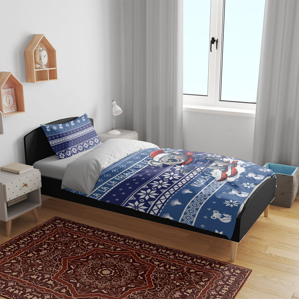 Australia Christmas In July Bedding Set Koala Santa Skiing Blue Color