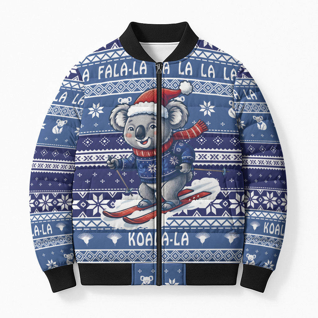 Australia Christmas In July Bomber Puffer Jacket Koala Santa Skiing Blue Color