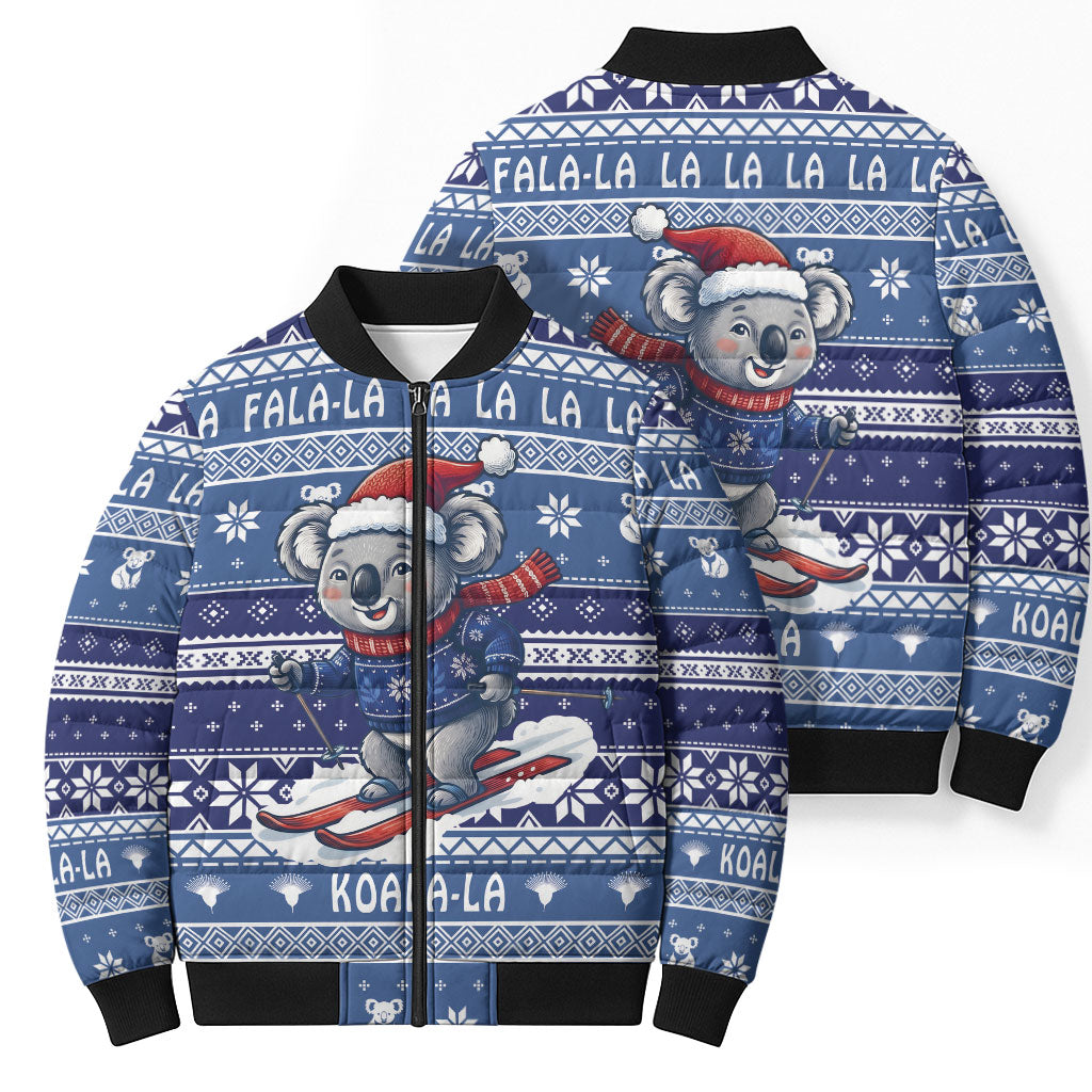 Australia Christmas In July Bomber Puffer Jacket Koala Santa Skiing Blue Color