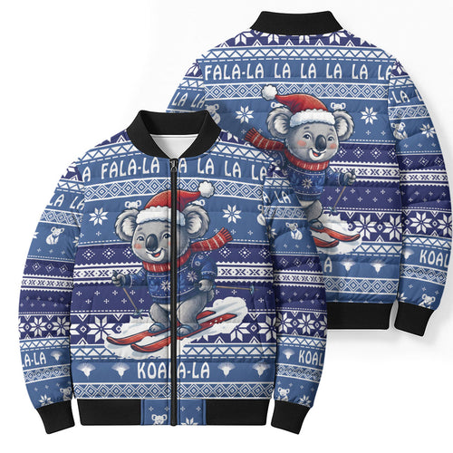 Australia Christmas In July Bomber Puffer Jacket Koala Santa Skiing Blue Color