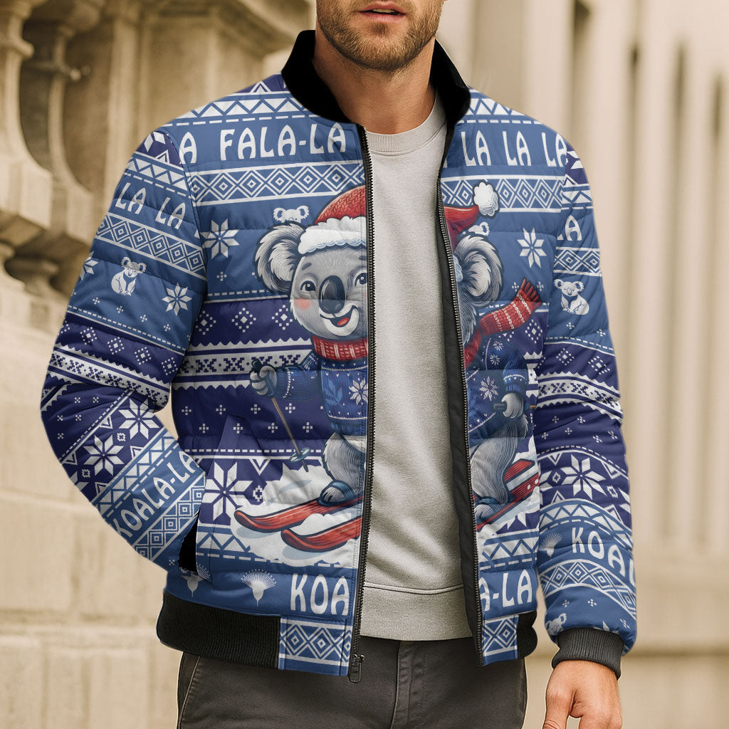 Australia Christmas In July Bomber Puffer Jacket Koala Santa Skiing Blue Color