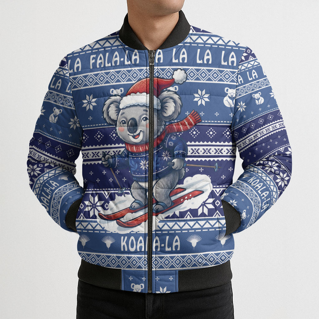 Australia Christmas In July Bomber Puffer Jacket Koala Santa Skiing Blue Color