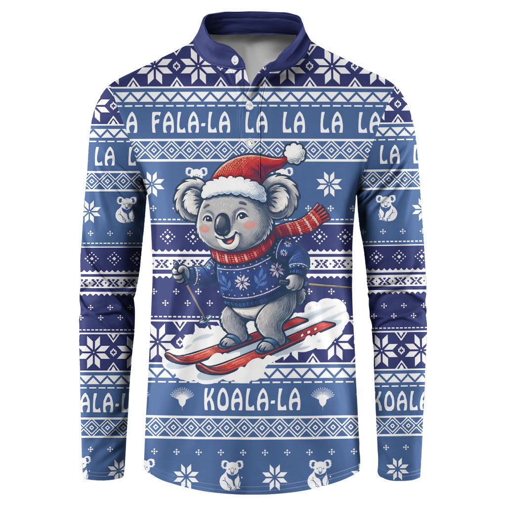 Australia Christmas In July Button Sweatshirt Koala Santa Skiing Blue Color