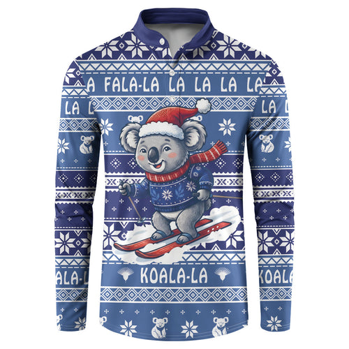 Australia Christmas In July Button Sweatshirt Koala Santa Skiing Blue Color