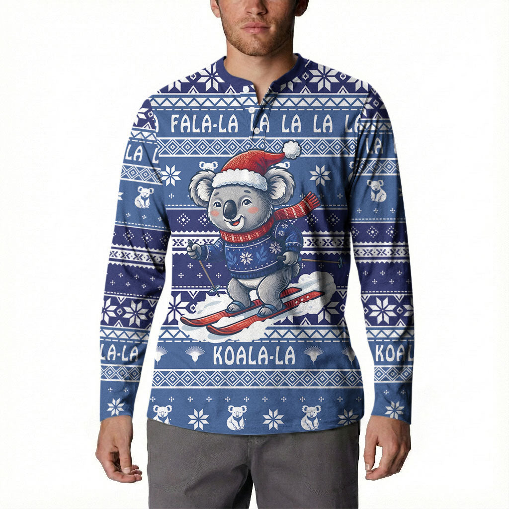 Australia Christmas In July Button Sweatshirt Koala Santa Skiing Blue Color