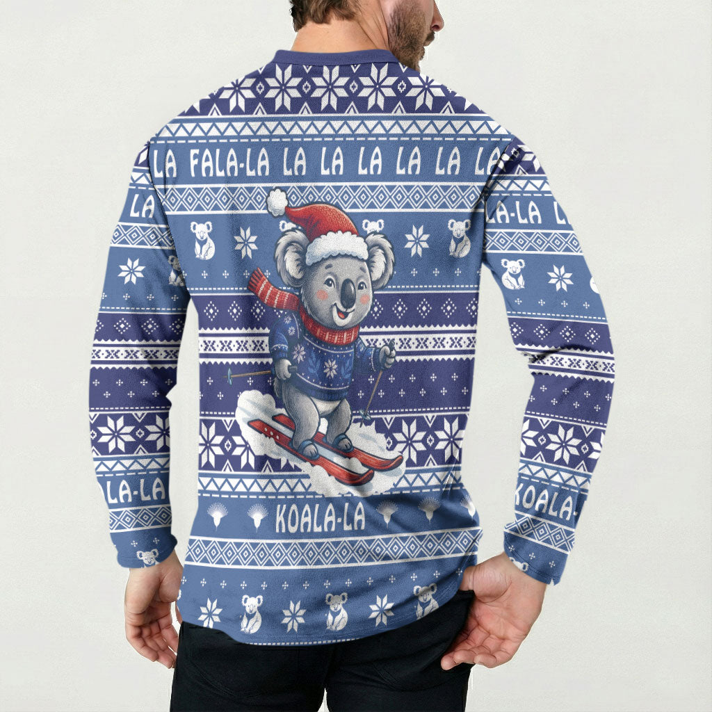 Australia Christmas In July Button Sweatshirt Koala Santa Skiing Blue Color