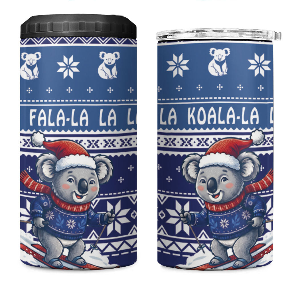 Australia Christmas In July 4 in 1 Can Cooler Tumbler Koala Santa Skiing Blue Color
