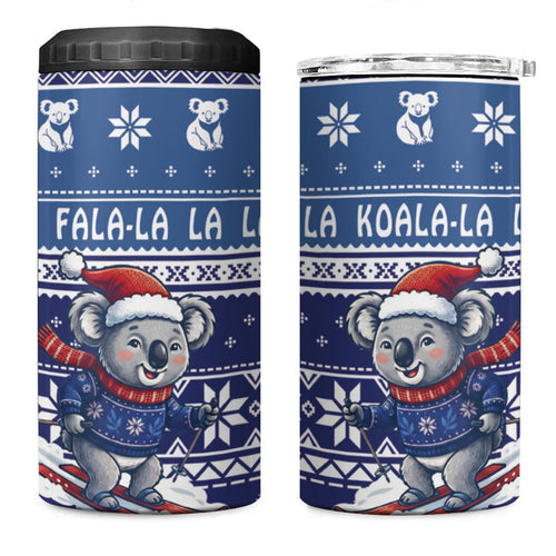 Australia Christmas In July 4 in 1 Can Cooler Tumbler Koala Santa Skiing Blue Color