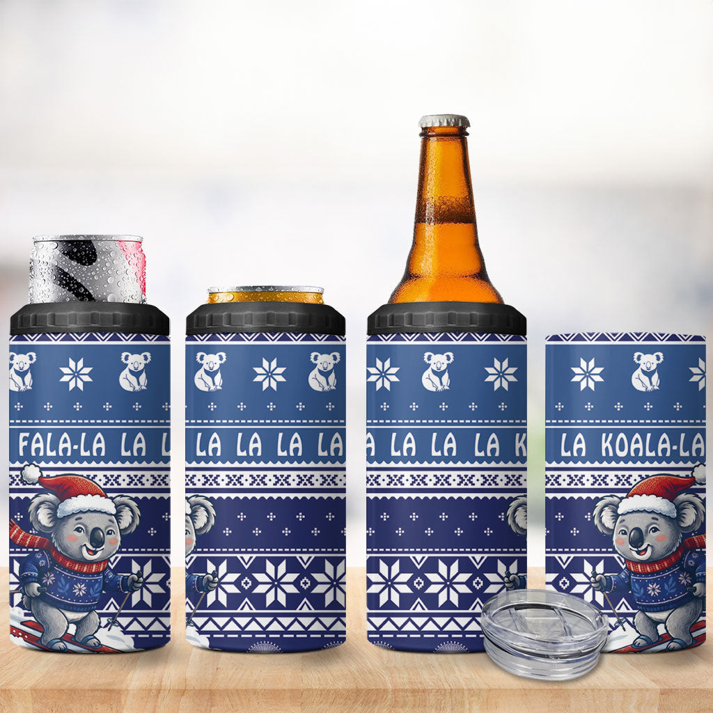 Australia Christmas In July 4 in 1 Can Cooler Tumbler Koala Santa Skiing Blue Color