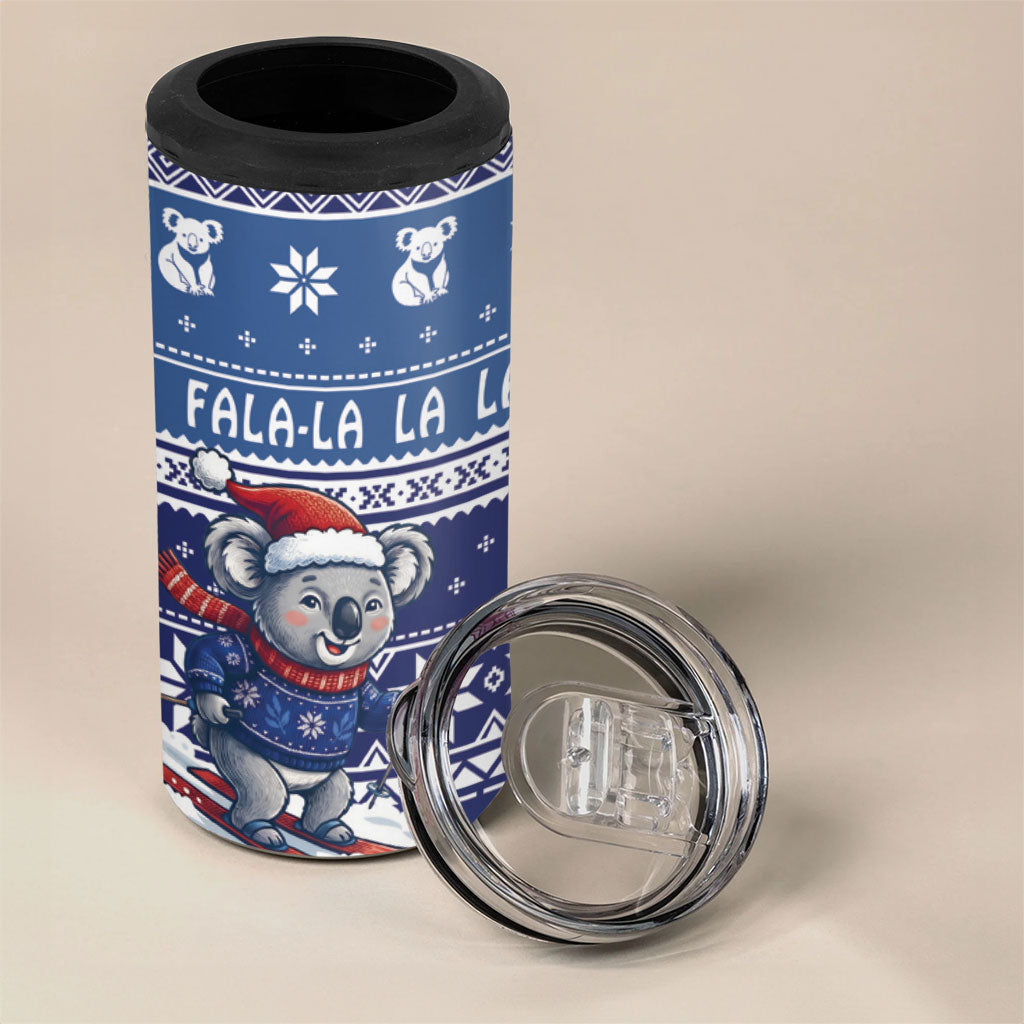 Australia Christmas In July 4 in 1 Can Cooler Tumbler Koala Santa Skiing Blue Color