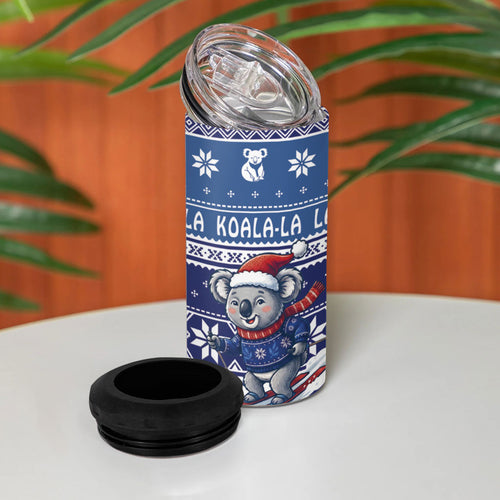 Australia Christmas In July 4 in 1 Can Cooler Tumbler Koala Santa Skiing Blue Color