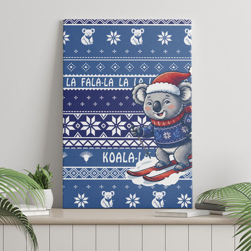 Australia Christmas In July Canvas Wall Art Koala Santa Skiing Blue Color