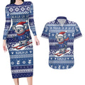 Australia Christmas In July Couples Matching Long Sleeve Bodycon Dress and Hawaiian Shirt Koala Santa Skiing Blue Color